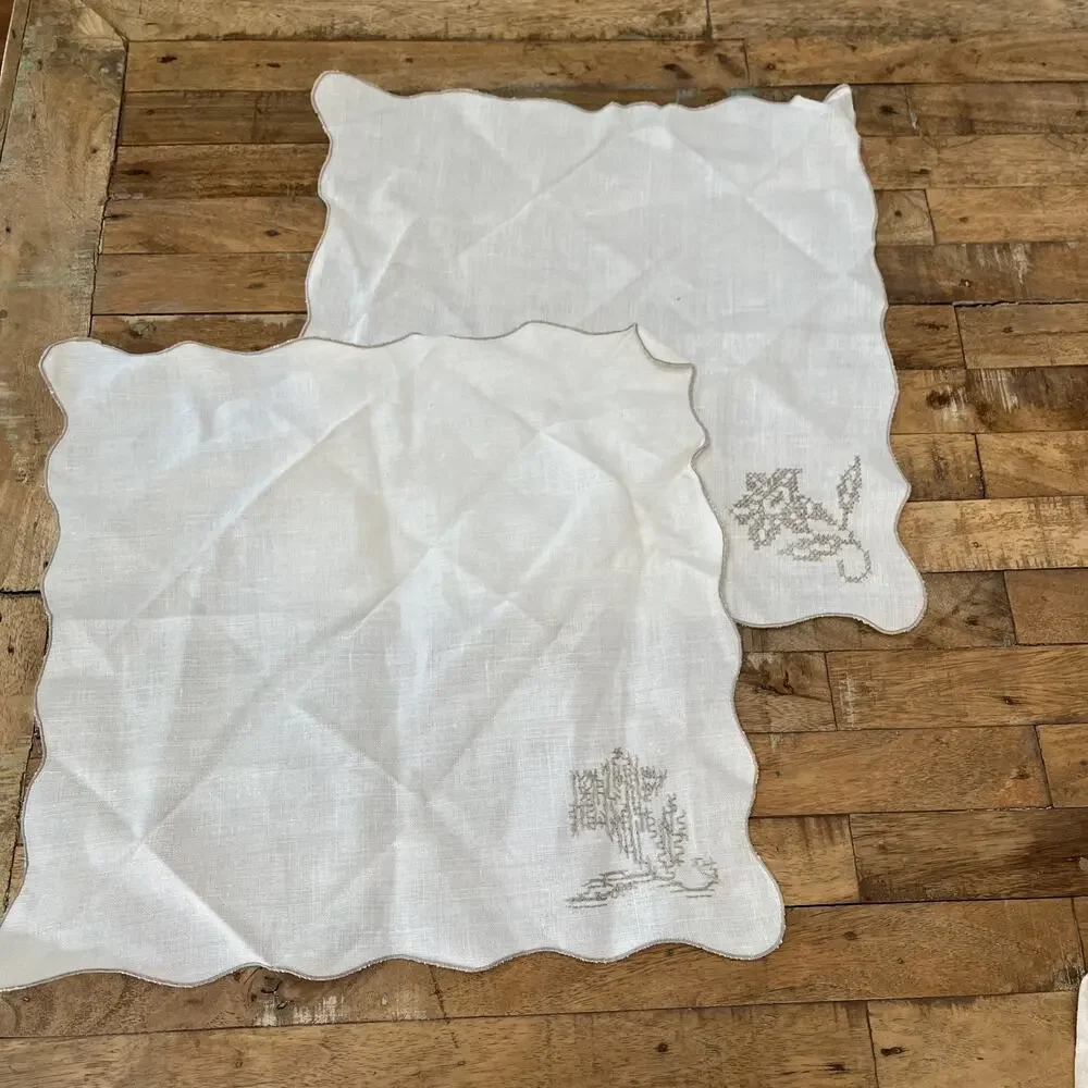 Vintage Cross-Stitch Embroidered Linen Napkins Set of 5 Floral Farmhouse Style